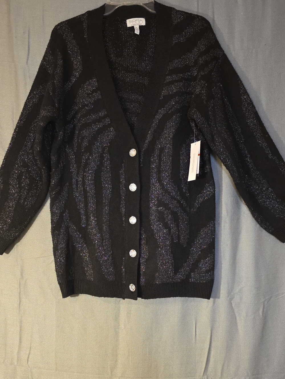 sofia by sofia vergara Black Sparkle Zebra V-Neck Cardigan